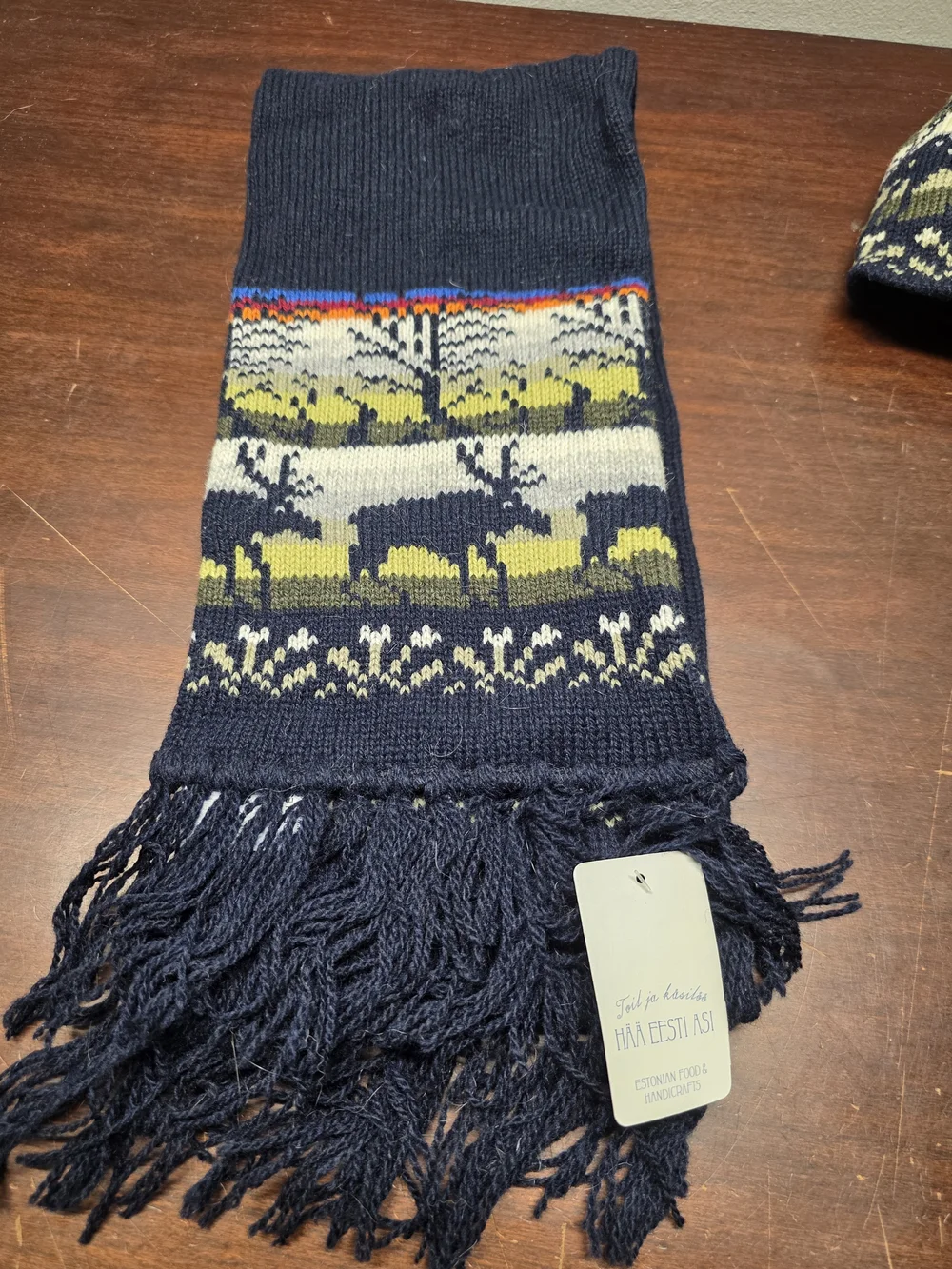 Navy & Cream Kids Knit Hat with Pom and Matching Scarf 100% Wool